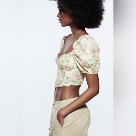 Zara Crop Top Women’s Size Large Floral Puffy Sleeve‎ Smocked Back Corset Point - Picture 9 of 14